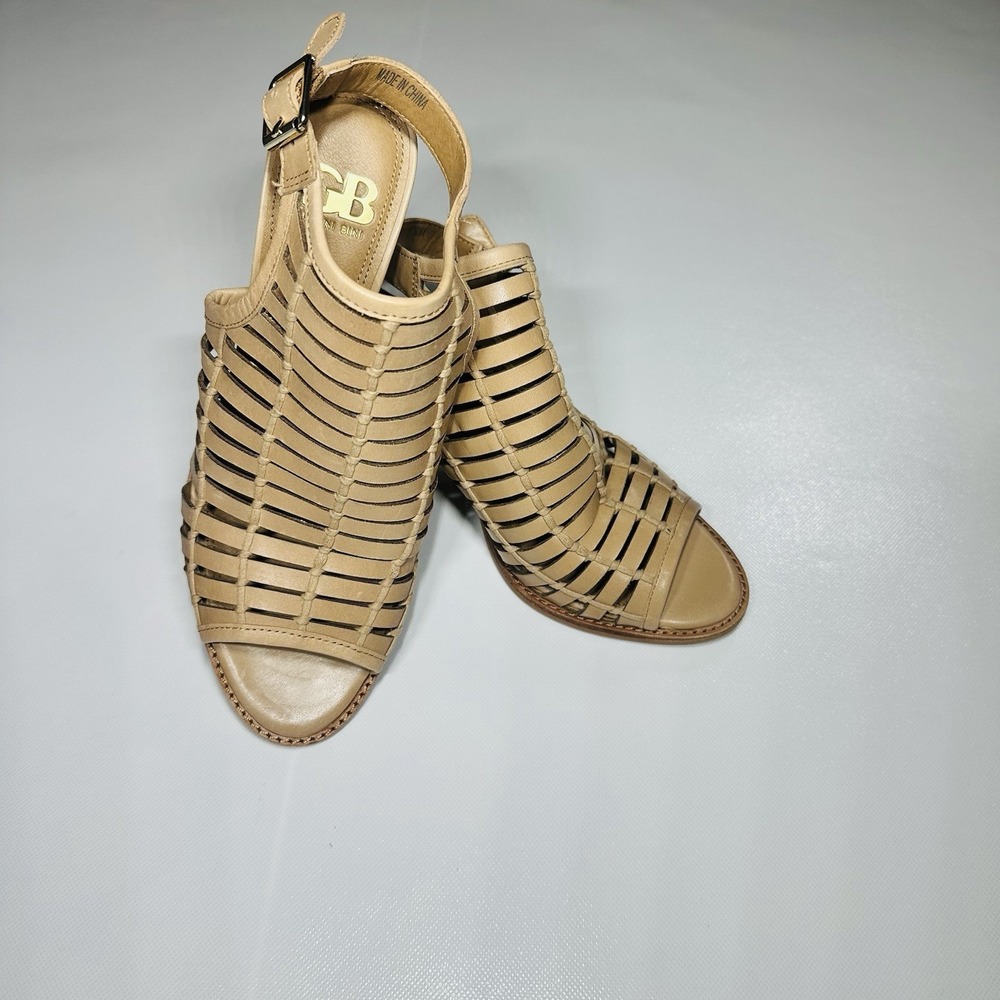 Gianni Bini Women's Leather Cage Heels Sandals Tan 8.5M Ankle Strap Block‎ Heel